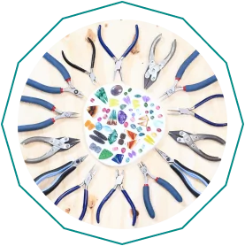 Various gemstones surrounded by different types of pliers arranged in a circle on a wooden surface.  From a guide on jewelry making tools.