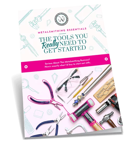 E-book cover titled "The Tools You Really Need to Get Started" with various metalsmithing tools pictured.  From a guide on jewelry making tools.
