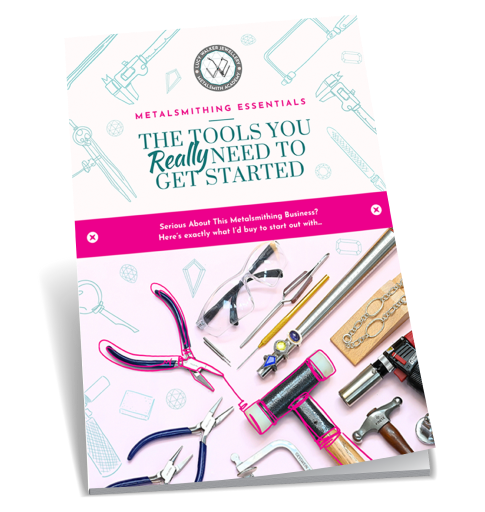 Cover of a guide titled "Metalsmithing Essentials" with images of tools and safety glasses.  A guide on jewelry making tools.