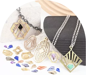 Geometric handmade jewelry displayed with colorful gemstones on a white surface.