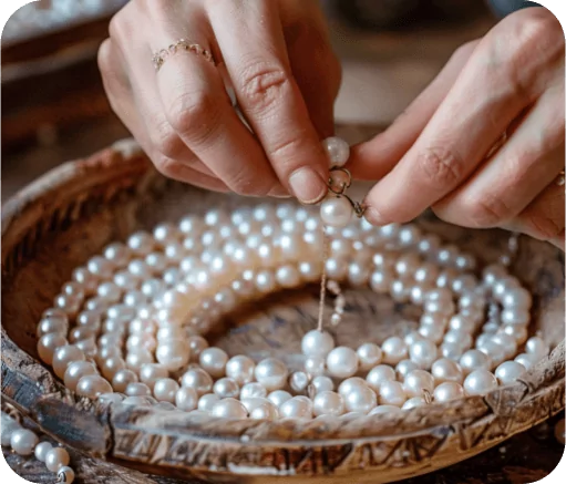 Hands stringing white pearls on a wire above a wooden bowl filled with pearls.