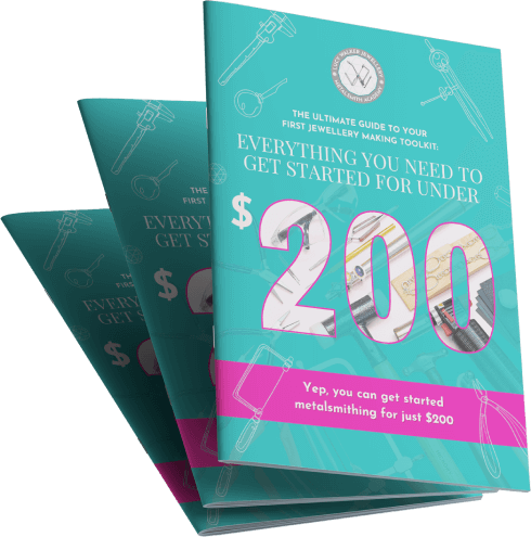 Three stacked teal booklets titled "Everything You Need to Get Started for Under $200" with jewelry images.