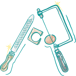 Illustration of a file, saw, and small clamp arranged creatively on a white background.