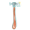Cartoon hammer with a silver head and a curved wooden handle on a transparent background.