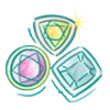 Three colorful geometric gemstones: a pink circle, yellow triangle, and blue square, each outlined in white.