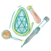 A stylized gemstone with a magnifying glass, and a tool, symbolizing gemology.