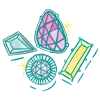 Illustration of four colored gemstones in various shapes including pink, blue, yellow, and purple against a white background.