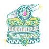 Illustration of an ornate, multicolored jewelry, adorned with geometric patterns and a pink gem.