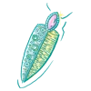 Colorful, abstract illustration of a pendant with intricate patterns and a mix of turquoise and yellow tones.