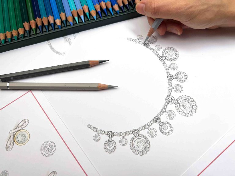 Jewelry design; rendering diamonds with coloured pencils