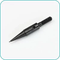 Close-up of a black metal tip with a threaded end and pointed tip, possibly an archery or dart point, on a white background.