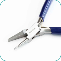 Close-up of a pair of needle-nose pliers with blue handles on a white background.