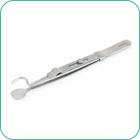 Dental mirror and probe tool with a metallic handle, featuring a small round mirror and a curved probe tip.