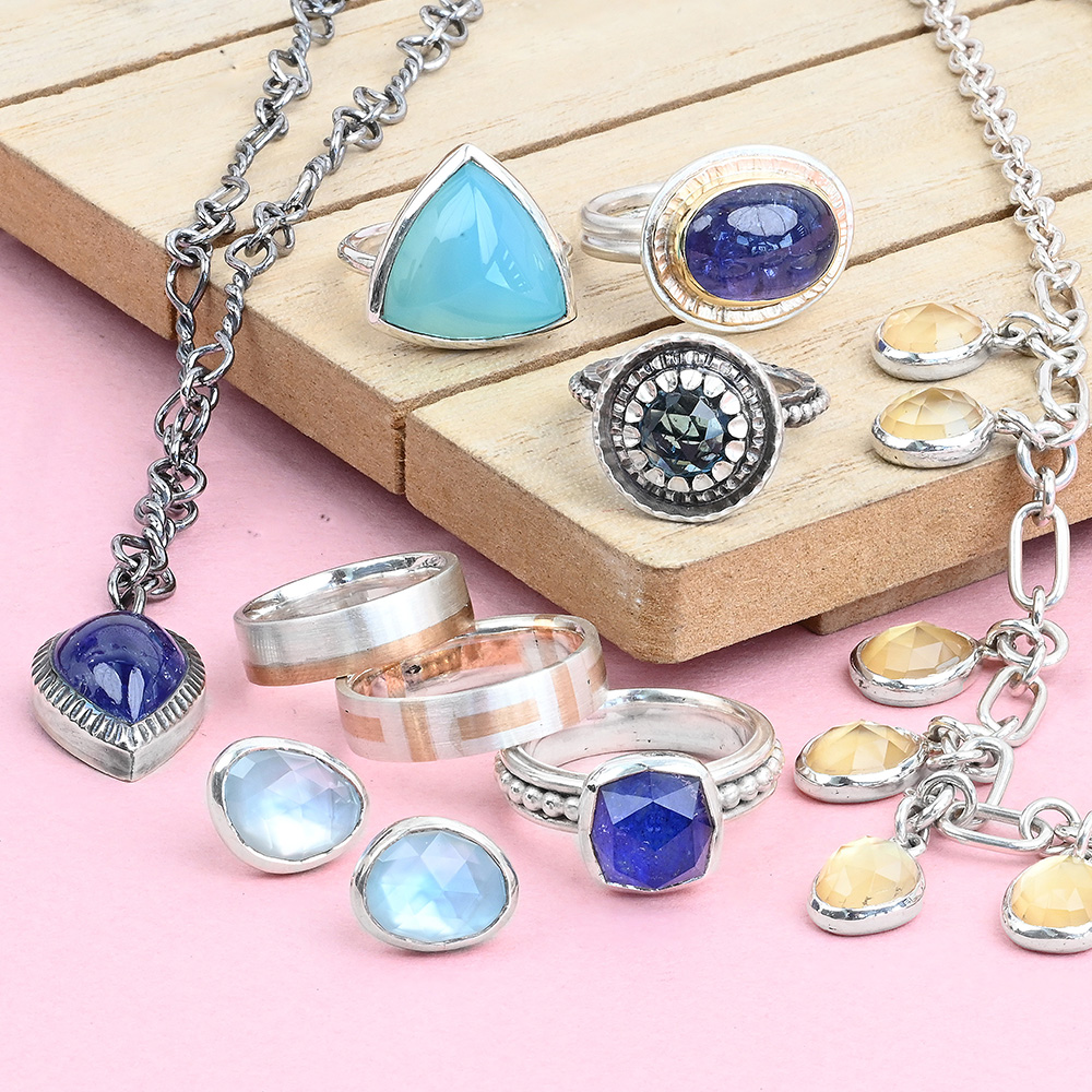 Hand made advanced jewelry making projects in sterling silver including a handmade chain with bezel settings, bezel set rings and bezel set earrings Hand made advanced jewelry making projects in sterling silver including a handmade chain with bezel settings, bezel set rings and bezel set earrings