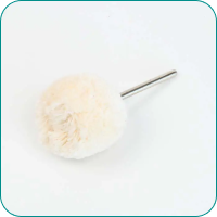 A fluffy white pom-pom attached to a metal rod, placed on a white background.