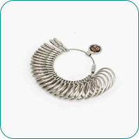 Metal ring sizer gauge set with multiple rings on a loop against a white background.