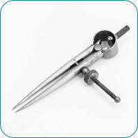 Metal compass with pointed ends on a white background.