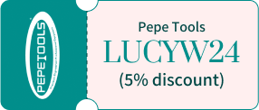 Pepe Tools discount code "LUCYW24" for 5% off, with a teal and white design.