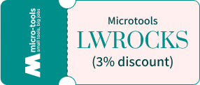 Coupon with "Microtools LWROCKS (3% discount)" text, teal and white design.