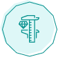 Icon of a caliper measuring a diamond, depicting precision or measurement, on a light teal polygon background.