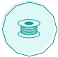 Icon of a spool of thread on a light blue octagonal background.