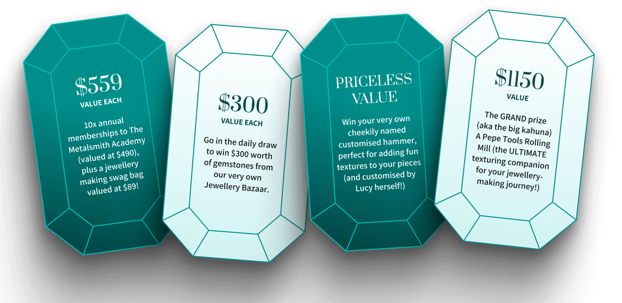 Four teal gemstone-shaped cards with text about various membership and prize values, ranging from $300 to $1150.