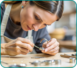 A woman in an apron intensely working on a small metal piece at a wooden table.