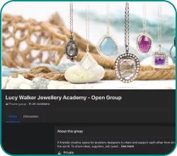 Necklaces with various gemstone pendants displayed on a textured background. Lucy Walker Jewellery Academy group page.