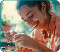 Smiling woman in a peach shirt making jewelry at a sunlit table with plants in the background.