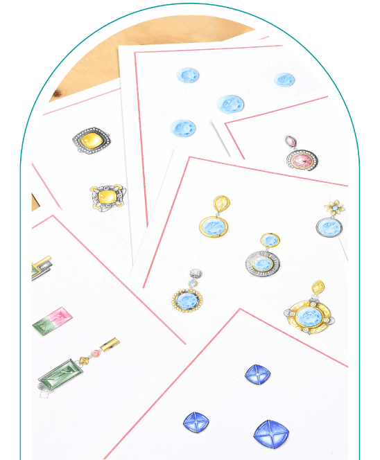 Illustrated jewelry designs laid out on white paper, featuring colorful gemstones in various shapes and settings.  From a class on how to render gemstones.
