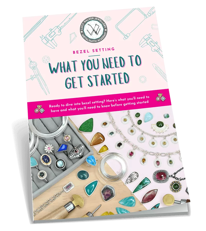 Book cover titled "Bezel Setting: What You Need to Get Started" with gemstone jewelry and tools displayed.  From a guide on stone setting tools