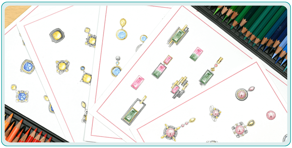 Sketches of colorful jewelry designs on white paper with colored pencils nearby.  From a class on how to render gemstones.