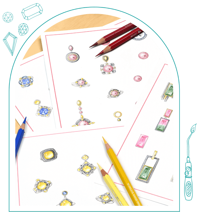 Hand-drawn jewelry designs with colored pencils on white paper, surrounded by gemstone illustrations.  From a class on how to render gemstones.