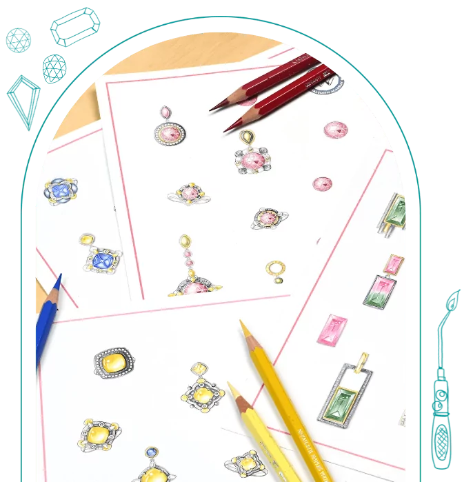 Jewelry design sketches with colored pencils, featuring various gemstone earrings and pendants on sheets of paper.  From a class on how to design jewelry.