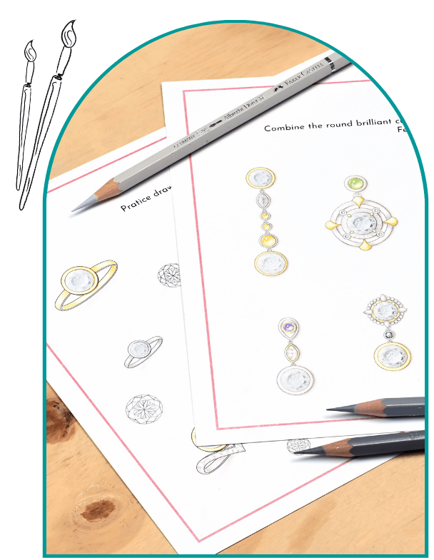 Sketches of jewelry designs on paper, with pencils nearby on a wooden surface.  From a class on how to design jewelry.